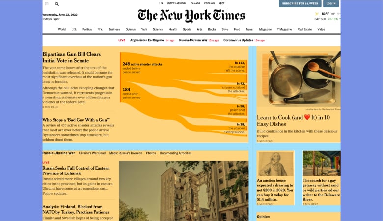 The New York Times uses a hierarchical grid to achieve its newspaper-like reading experience. (We highlighted the columns in yellow, the gutters in blue, and the margins in purple.)