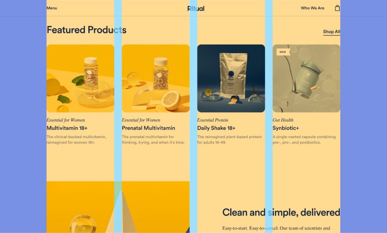 Ritual’s four-column grid makes scanning products easy. (We highlighted the columns in yellow, the gutters in blue, and the margins in purple.)