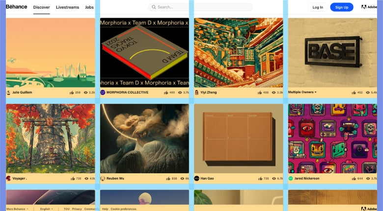Behance’s design uses a modular grid, which allows users to easily browse. (We highlighted the columns in yellow, the gutters in blue, and the margins in purple.)