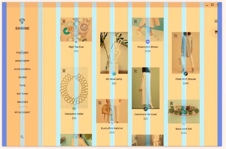 Breaking the grid produces a chaotic browsing experience for users. (We highlighted the columns in yellow, the gutters in blue, and the margins in purple.)