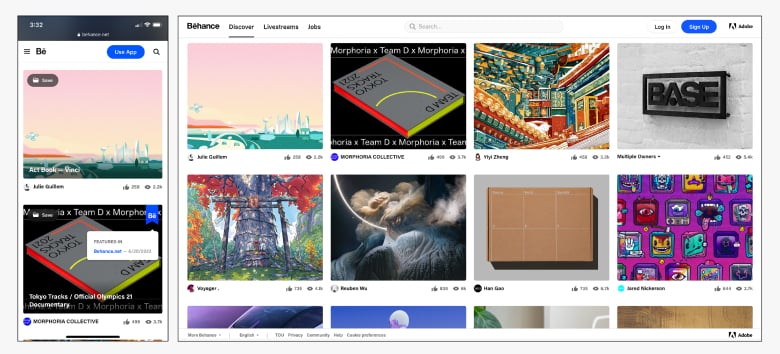 At the mobile size, Behance’s one-column grid (left) was reflowed into a four-column grid structure (right).